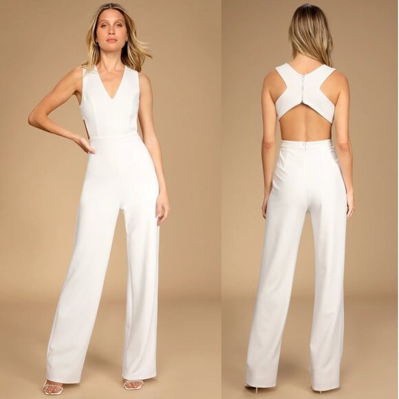 Lulus Pants - Lulus Rare Romance Ivory Cutout Wide-Leg Jumpsuit, Backless Bridal Romper